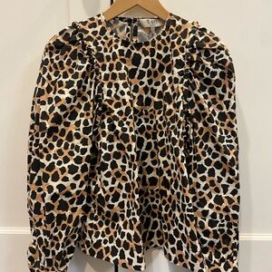 Sea New York Leopard Puff Sleeve Blouse in Black/Brown/Cream